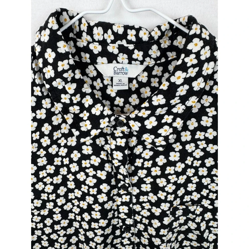 Croft & Barrow‎ Floral Button Down Shirt Womens XL Black White Daisy Rayon Top